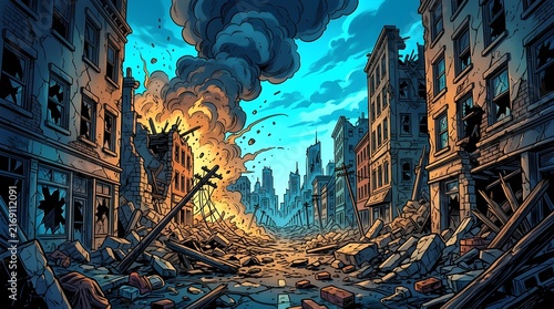 Post-Apocalyptic Destroyed City Street, Comic Book Style Background