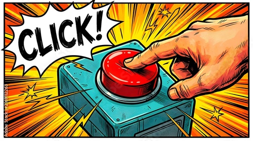 Hand pressing a large red button with a comic book style 'Click!' speech bubble in a sunburst background, symbolizing action or decision