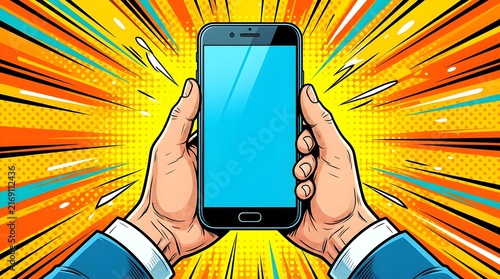Smart phone gadget in hands comic book pop art retro style vector illustration