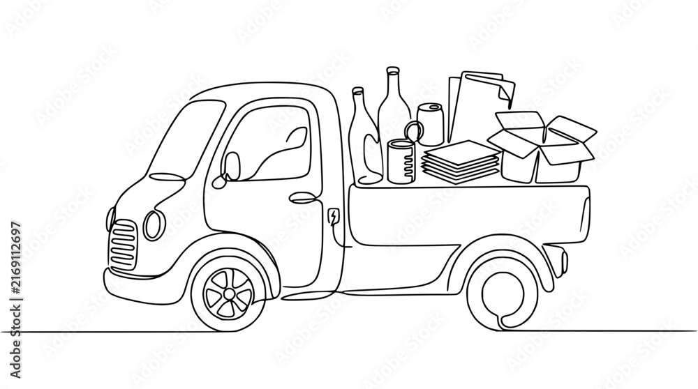 Fototapeta premium Continuous Line Drawing of a Pickup Truck Delivering Recyclables