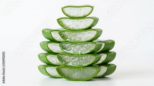 Stacked Fresh Aloe Vera Slices Displaying Clear Gel and Green Outer Layer