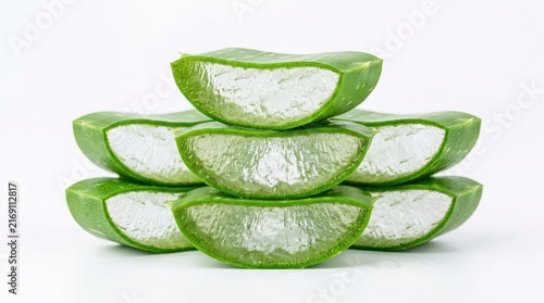 Fresh Aloe Vera Slices Stacked on White Background with Gel Visible