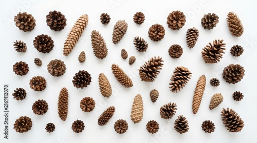 Natural Pine and Spruce Cones Flat Lay on White Background, Winter Forest Design Element
