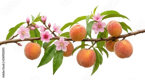 Fresh Peach Tree Branch with Ripe Fruit, Pink Blossoms, and Green Leaves