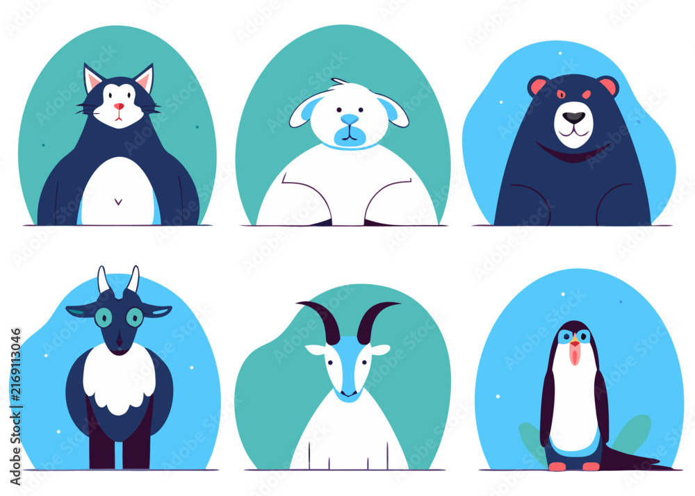 Obraz premium A collection of six stylized animal portraits, including a husky, a polar bear, a black bear, a goat, another goat, and a penguin, set against a backdrop of teal ovals
