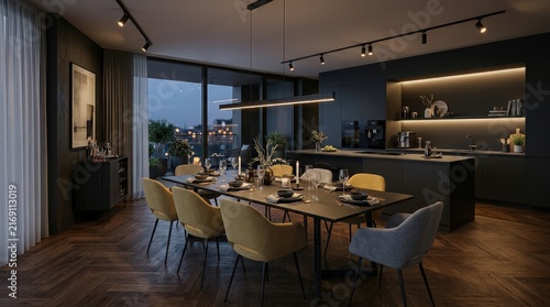Modern Dark Dining Room and Kitchen Interior with Elegant Furniture and City View