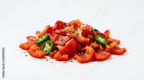 Vibrant Red Bell Peppers and Green Jalapeno Slices with Herbs on White