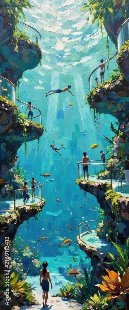 Obraz premium Enchanting Waterfall Scene with Multiple Platforms for Visitors and Bright Fish in Clear Blue Water