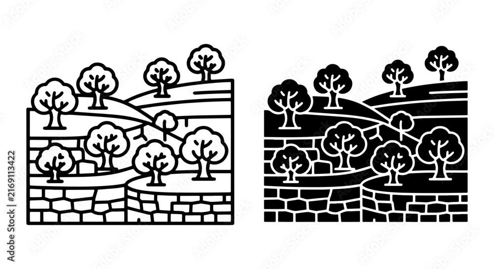 Obraz premium Stylized Landscape Icons, Rural Terraced Hillsides with Trees, Nature Scene Vector Art