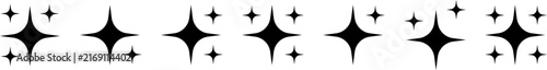 A repeating line of shiny black sparkle symbols and small stars on a clean white background