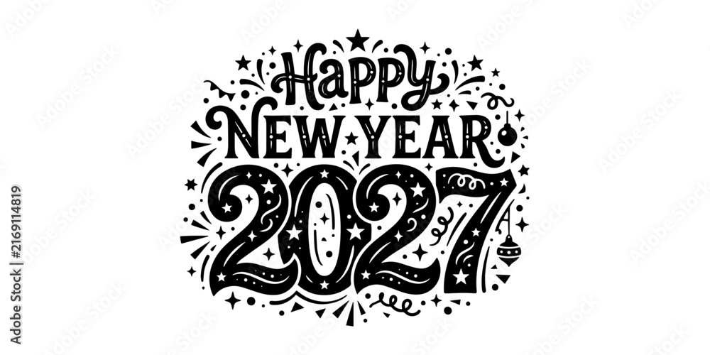 Obraz premium Happy new year 2027 greeting card design with decorative typography and festive elements isolated on white background
