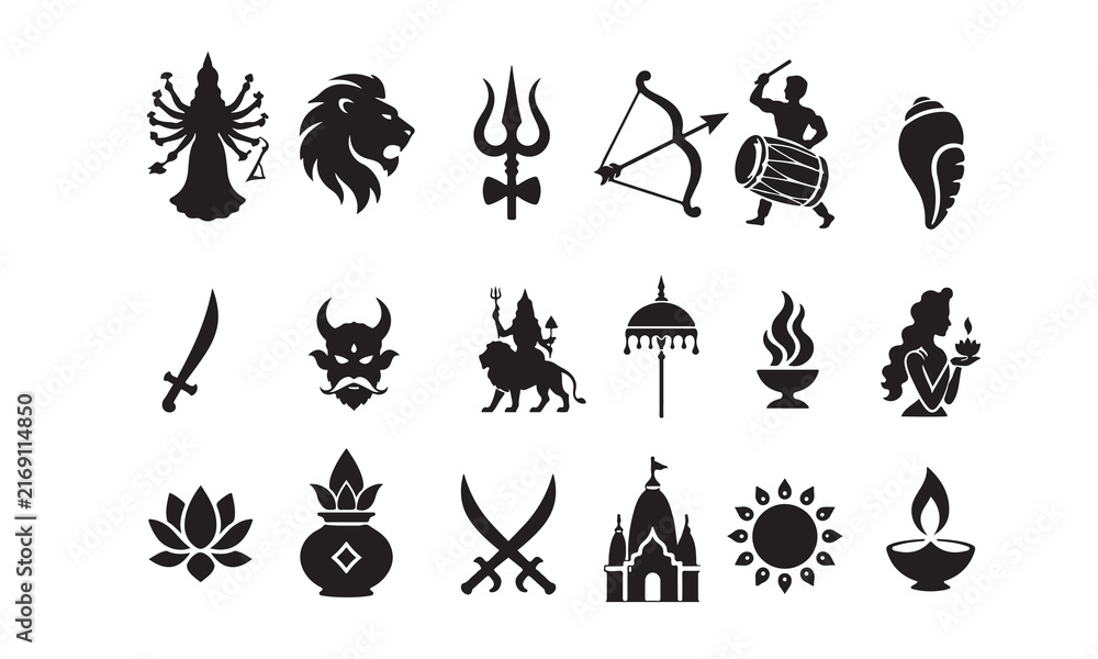 Fototapeta premium Durga Cultural Illustrations – Solid Black Vector Icons, Illustrations