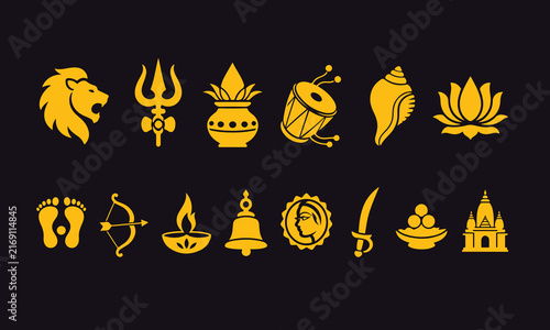 Durga Cultural Illustrations –  Solid Black Vector Icons, Illustrations