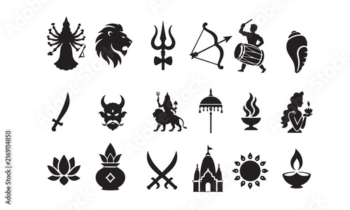 Durga Cultural Illustrations –  Solid Black Vector Icons, Illustrations