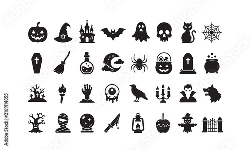 Premium Halloween Solid Vector Icon Collection – 32 Unique Black Symbols