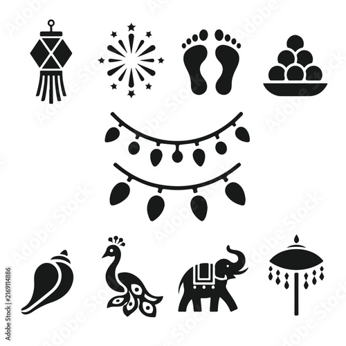 Premium Diwali Solid Black Vector Icon Set – Unique Festival Icons
