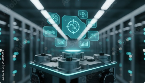 Photorealistic close-up of a sophisticated futuristic lidar sensor module with floating cyan holographic data interfaces in a dark server room data center environment