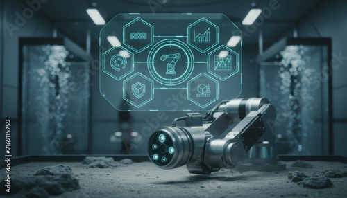 High-tech subsea robotic manipulator on rocky ocean floor with a futuristic holographic data interface displaying analytics and mapping icons in a blue cinematic environment