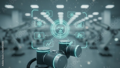 High-angle close-up of an industrial cobot joint featuring a glowing cyan holographic digital interface with diagnostic icons in a blurred smart factory background