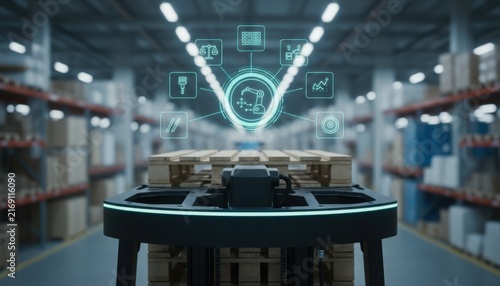 Close-up of an intelligent autonomous mobile robot transporting a wooden pallet in a modern warehouse with a glowing holographic digital interface for sensor evaluation and analytics