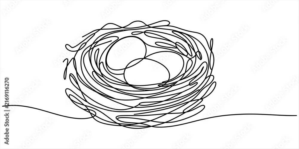 Naklejka premium Minimalist bird nest with eggs in continuous single line art style representing family warmth and nature preservation vector design.
