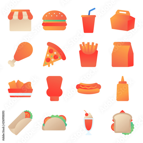 Fast Food Restaurant Icons Set with Colorful Gradient