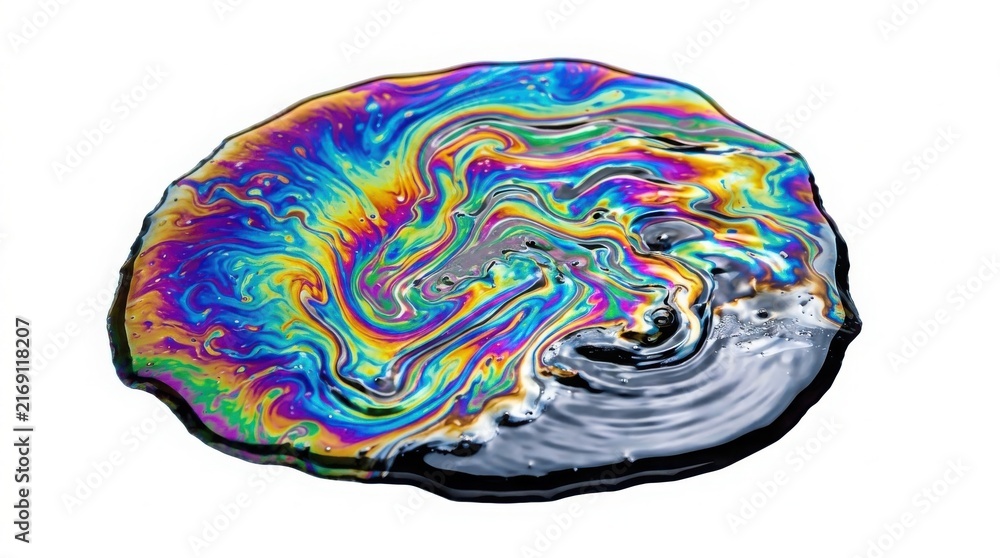 Obraz premium Iridescent oil slick puddle showing rainbow colors on a dark reflective surface with iridescent colorful reflection chemical pollution environment abstract phenomenon isolated background
