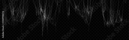 Set of Realistic Vector Hanging White Spider Web. Cobweb for Halloween Design.