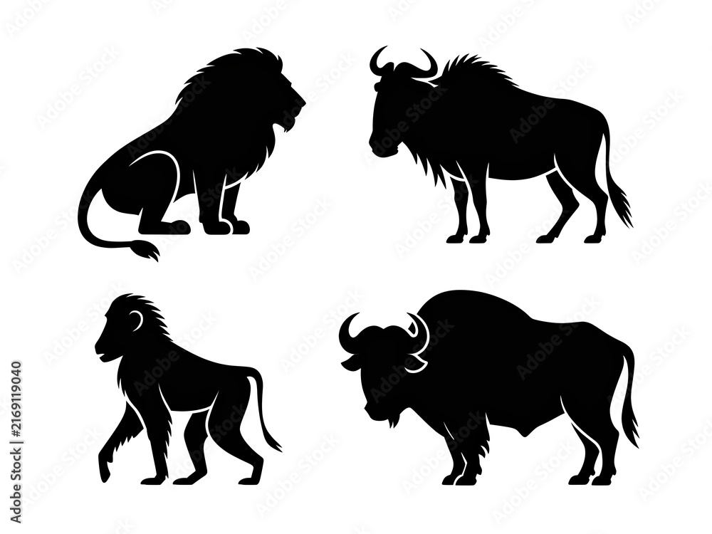 Obraz premium Set of four African wild animal silhouettes including lion, wildebeest, baboon and buffalo.