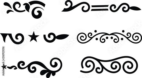Set of Swirl Divider and Flourish Elements, Black Decorative Calligraphic Scrollwork Ornate Design Elements