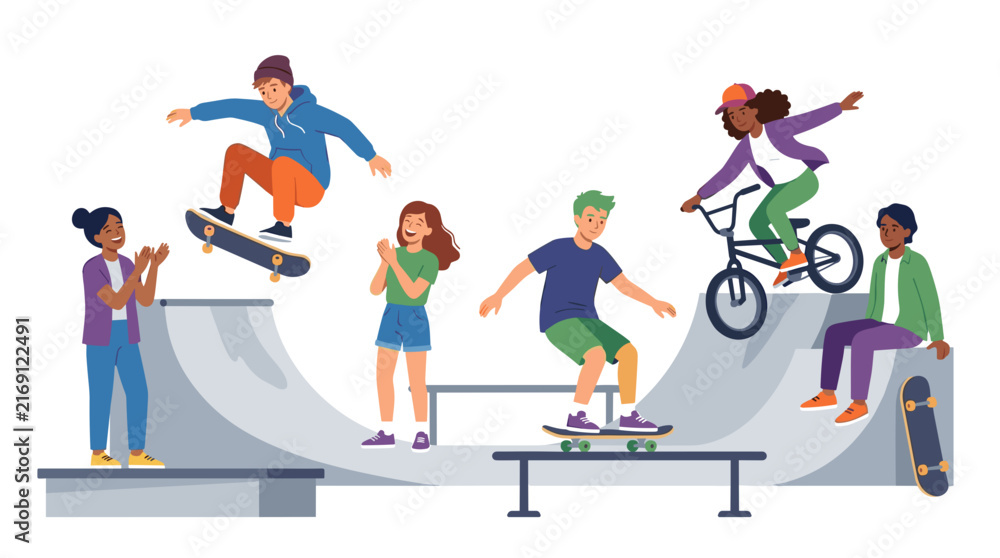 Fototapeta premium Diverse group of young people enjoying extreme sports at a skatepark