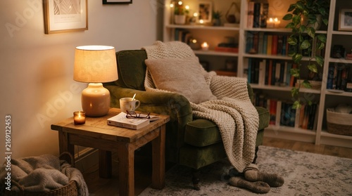 Cozy armchair with warm lamp and blanket in a dimly lit room.