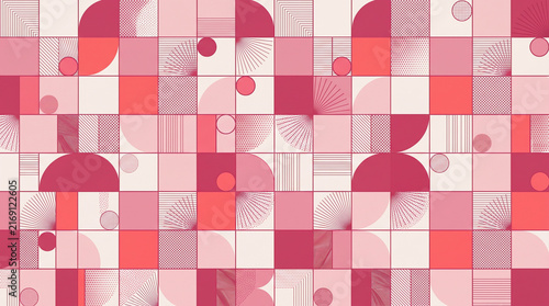 Geometric pink pattern vector background with abstract circles squares and half circles shape design