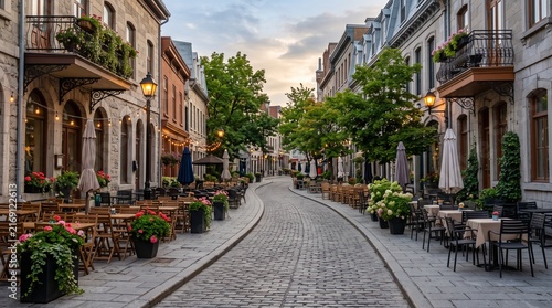 Tree Lined Pedestrian Street in a Historic European Town