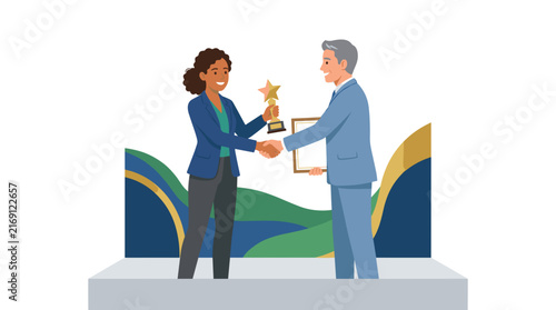 Businesswoman receives award from businessman on stage