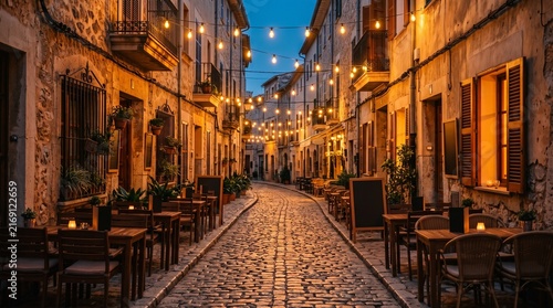 Charming Cobblestone Alley Lit by String Lights at Dusk