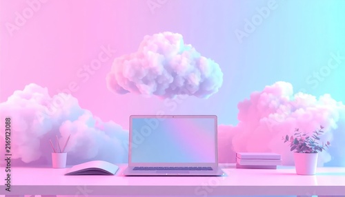 Pastel Laptop Displayed on Desk with Fluffy Clouds in Dreamy Studio Setting