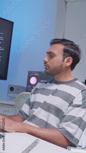 Software engineer wearing casual clothing typing on keyboard desktop computer information AI, management cybersecurity or coding software development. Programmer adult working artificial intelligence