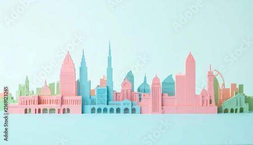 Pastel Miniature City Skyline Displayed on Soft Blue Background
