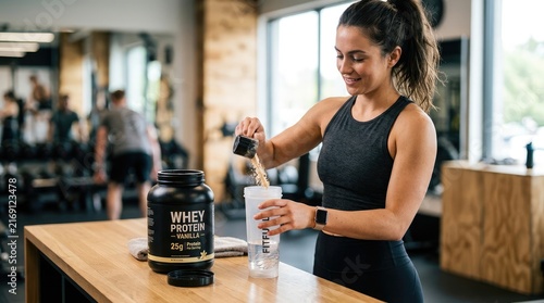 A young woman is pouring protein powder into a shaker cup at a gym. She is smiling and appears to be focused on her workout.