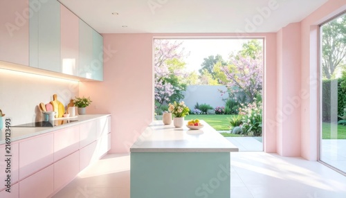 Pastel Modern Kitchen Filled with Sunlight and Garden View