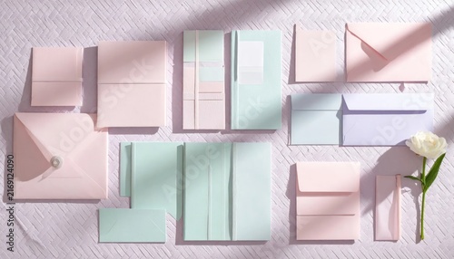 Pastel Paper Envelopes and Cards Arranged on Textured Pink Surface