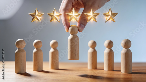 Five Star Rating and Employee Recognition Concept with Wooden Figures, Excellence, Performance Evaluation and Customer Satisfaction