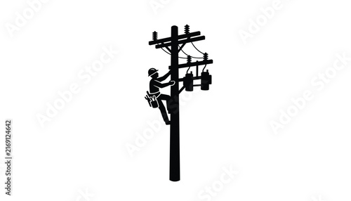 Black silhouette icon of a brave utility worker climbing a wooden power pole to repair high voltage lines.