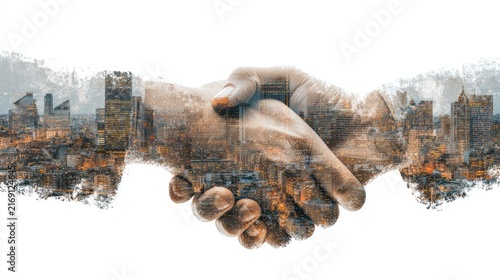 Hands shaking with city overlay representing partnership agreement or deal