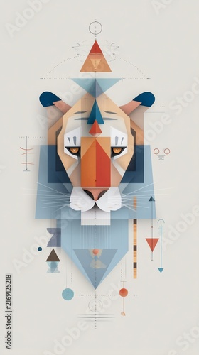 Geometric tiger head art, minimalist design with triangles, vibrant colors and lines