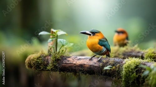 Two colorful birds with orange, green, and blue plumage perched on a mossy branch. One is in focus
