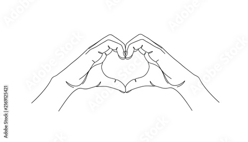 Continuous single line drawing of two hands forming a heart shape representing love connection and togetherness.