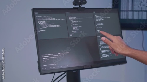 Software engineer wearing casual clothing typing on keyboard desktop computer information AI, management cybersecurity or coding software development. Programmer adult working artificial intelligence