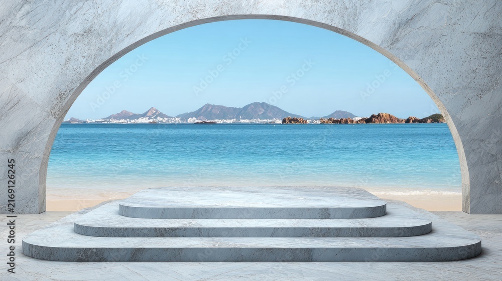 Fototapeta premium Arched structure frames scenic ocean view for product display